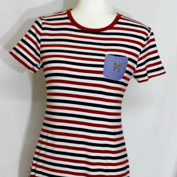 TOMMY HILFIGER Red, Black & White Bodycon Dress Size Small T-Shirt Style Striped - Picture 7 of 10
